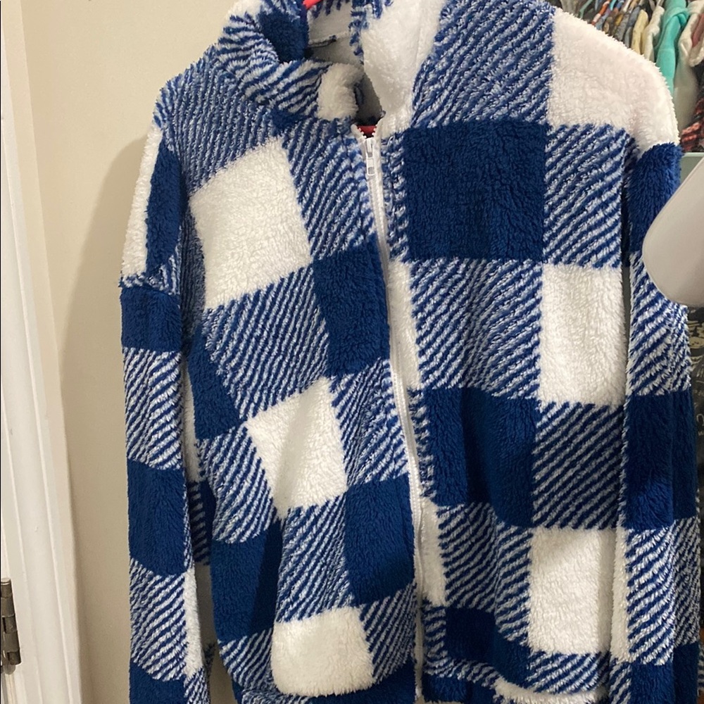 SHEIN Blue and White Checkered Teddy Jacket